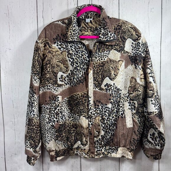 Vintage Fuda International 100% Silk Animal Print Windbreaker Bomber Zip Jacket - Picture 1 of 16